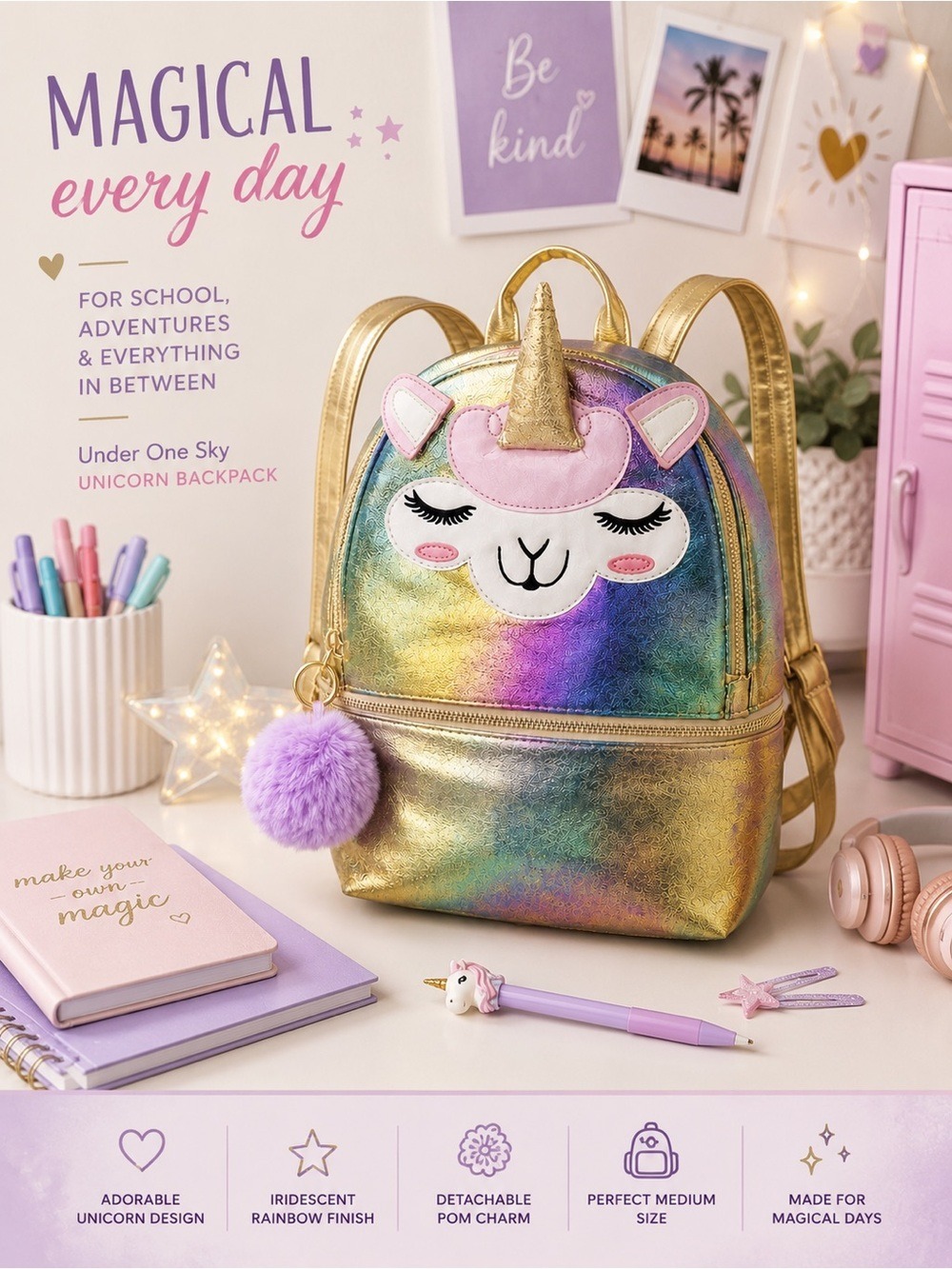 Under One Sky Unicorn Rainbow Backpack with Pom Charm | EUC
